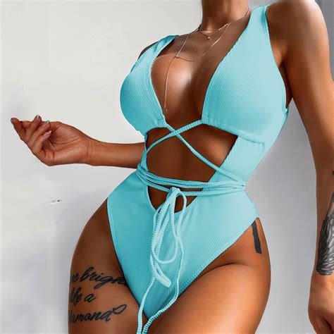 Hcuribad Swim Suits 2024womens The New Bikini Is A Solid Color Hollowed Out Strap Up Hollowed