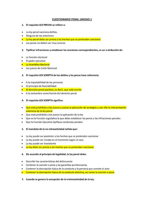 Cuestionario Penal CUESTIONARIO PENAL UNIDAD 1 El Requisito LEX