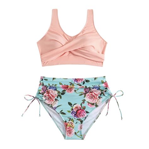 CAIVO Women Swimwear Bikini Swimsuit High Waist Front Gather Together Sexy 2PCS Swimsuit