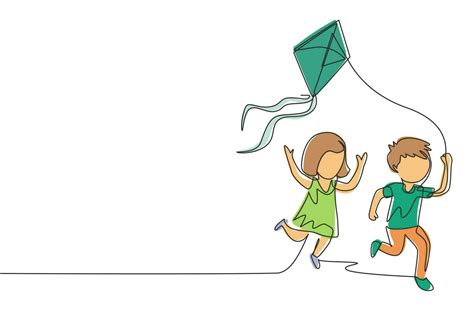 Single Continuous Line Drawing Little Boy And Girl Flying Kite