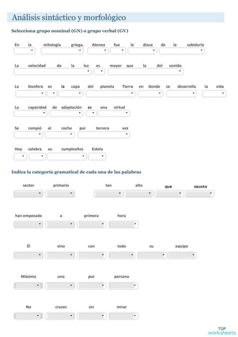 Lengua Análisis Morfológico Y Sintáctico 3 Ficha Interactiva Topworksheets