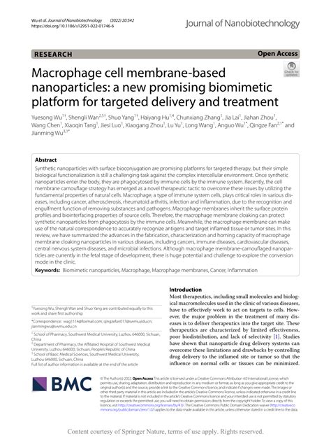 PDF Macrophage Cell Membrane Based Nanoparticles A New Promising