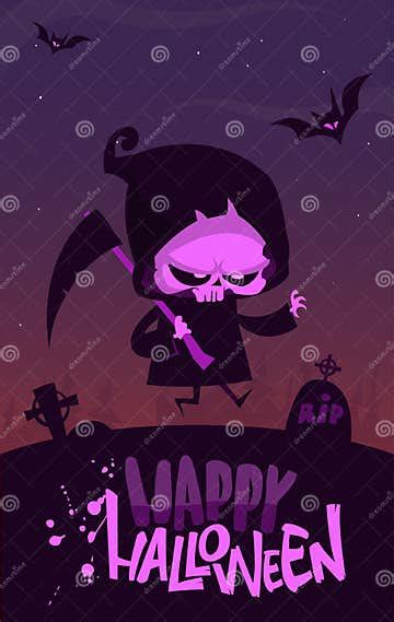 Grim Reaper Cartoon Character With Scythe Halloween Funny Death Skeleton Illustration Stock