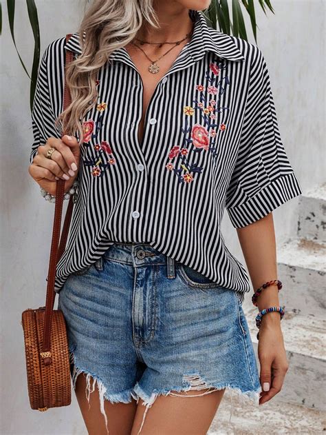 Shein Essnce Striped And Floral Embroidery Batwing Sleeve Shirt Shein Usa