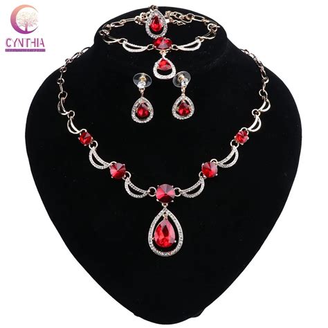 Wedding Jewelry Set Red Crystal Necklace Earrings Bracelet Ring Gift