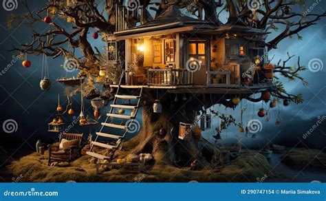 Whimsical Treehouse Photo Realistic Illustration - Generative AI. Stock Illustration ...