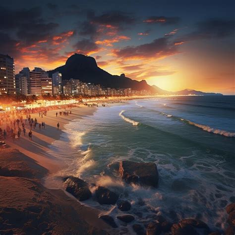 Premium AI Image | illustration of View of Ipanema Beach in the evening ...