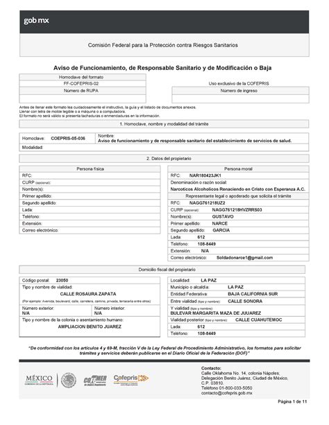 Formato Aviso Funcionamiento Comisi N Federal Para La Protecci N