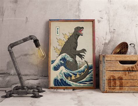 Godzilla Woodblock Portrait Poster, Vintage Print, Colorful Wall Art ...