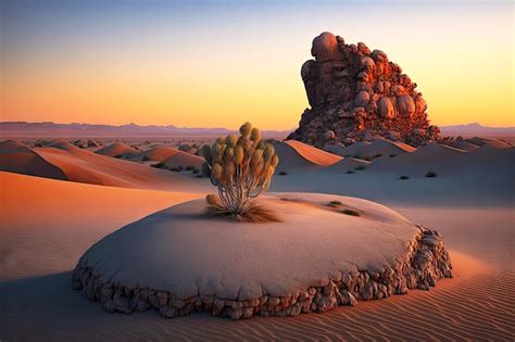 Rocha solitária na duna ao amanhecer paisagem desértica cactos e