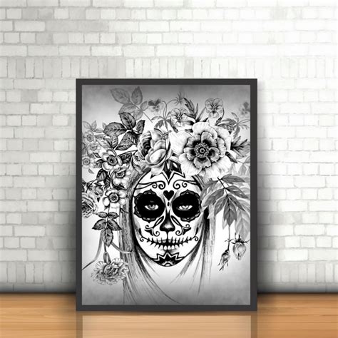 Quadro Moldura Caveira Dia Dos Mortos Preto E Branco Pb Mdp