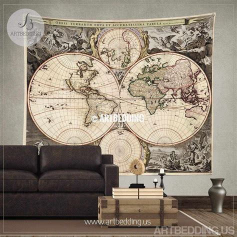 Antique world map wall tapestry, vintage world map wall hanging ...