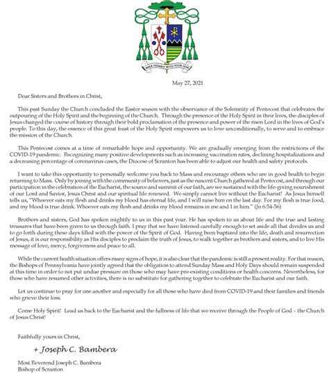 Bishop Bambera’s Letter to the faithful, welcoming them back to Mass ...