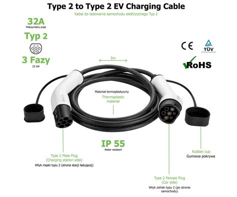 Kabel Ładowania Typ 2 32A 3 fazowy 5m Stacje Ładowania Pojazdów