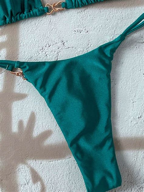 2pcs Spring Break Simple Solid Color Gold Adjustable Strap Top And Thong Bikini Set SHEIN USA