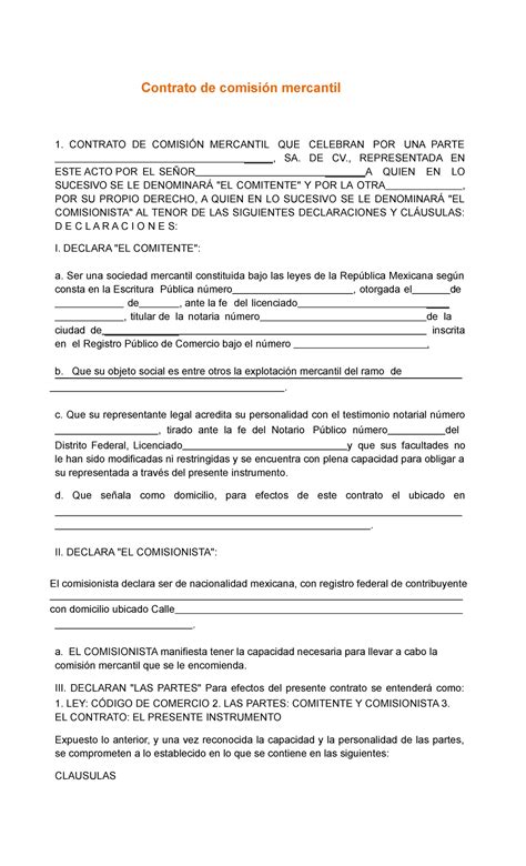 Contrato De Comisi N Mercantil Contrato De Comisi N Mercantil Que