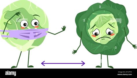 Cute Cabbage Characters With Emotions Face And Mask Keep Distance Arms And Legs The Funny Or