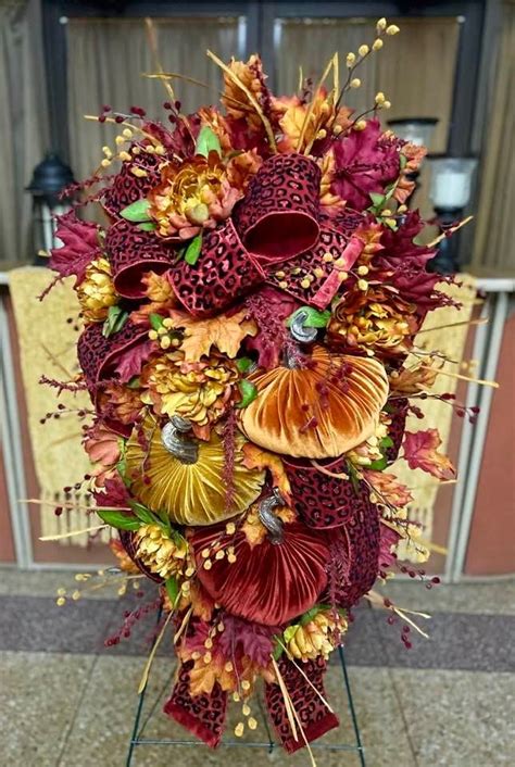 Large Fall Swag With Velvet Pumpkins Leopard Ribbon Fall Wreath For