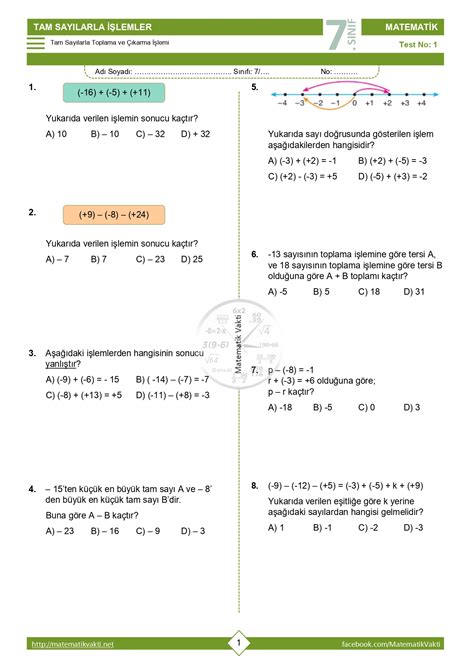 S N F Tam Say Larla Toplama Ve Karma Lemi Testi Matematik Vakti