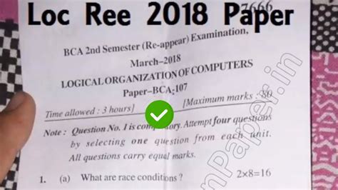 2018 Mdu Bca 2nd Sem Reappear Logical Organization Of Computer Question Paper Youtube