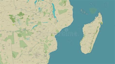 Mozambique Outlined Topo Humanitarian Stock Illustration