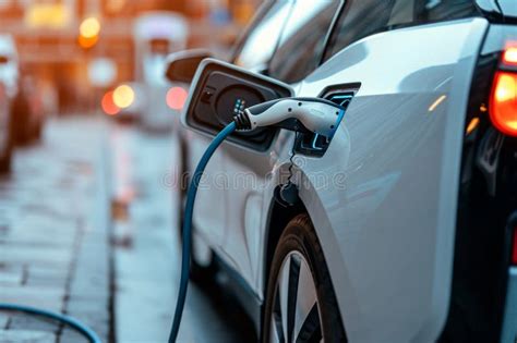 An Electric Car Is Parked At A Charging Station Connected To The