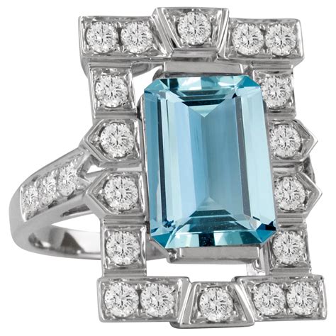 18k White Gold Art Deco Style Emerald Cut Aquamarine Ring Diamonds 1 03