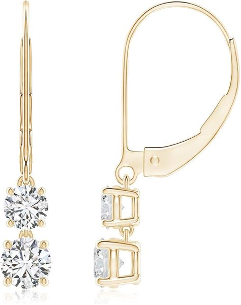 Double Diamond Leverback Dangle Earrings In K Yellow Gold Mm