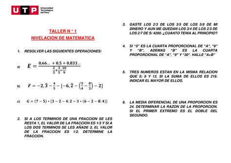 Taller N Nivelacion De Matematica Taller N Nivelacion De