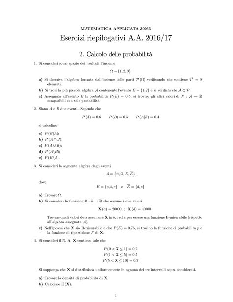 Probabilita Matematica Applicata Esercizi Riepilogativi A