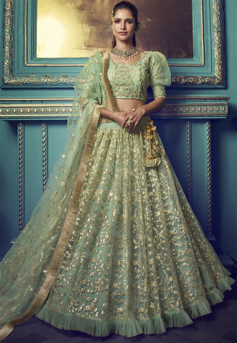 Buy Embroidered Net Lehenga In Pastel Green Online LYC1376 Utsav