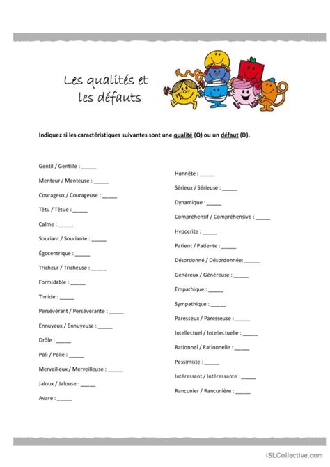 Les qualités et les défauts Français FLE fiches pedagogiques pdf doc