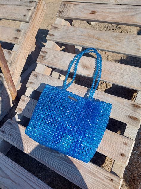 Blue Bead Bag Beaded Tote Bag Beaded Purse Beaded Handbag Beaded Shoulder Bag Beach Bead Bag