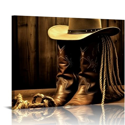 PIKWEEK Canvas Wall Art Framed Western Decor Cowboy Hat Boot Saddle