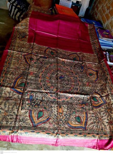 6 3 M With Blouse Piece Printed Pure Tussar Ghichha Hand Madhubani