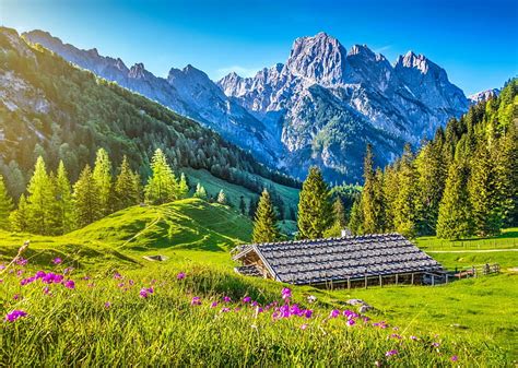 Mountain landscape, house, grass, cottage, cabin, bonito, countryside ...