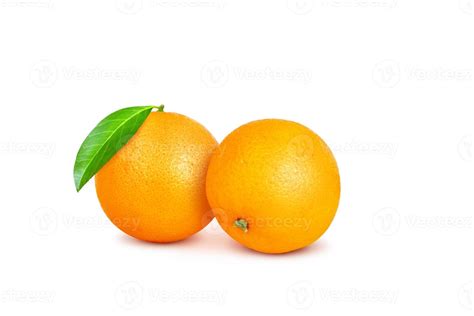 Full Orange Two Oranges With Green Leaves Isolated On A White