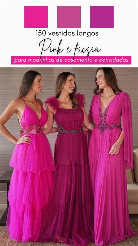 madrinhas de casamento usando vestidos de festa pink e fúcsia Thalia