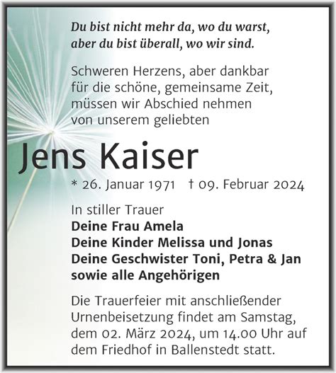 Traueranzeigen Von Jens Kaiser Abschied Nehmen De