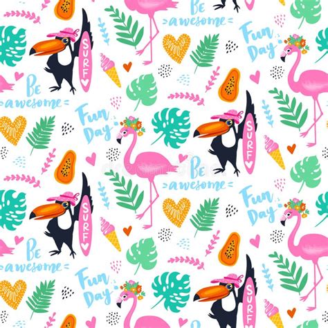 Tropical Seamless Pattern With Toucan Flamingos Cactuses And Exotic