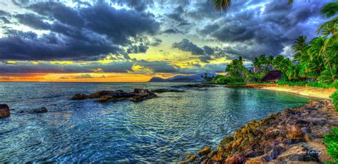 Oahu Hawaii Lanikuhonua Beach Sunset Panorama Secret Beach Paradise Cove Ko Olina Seascape Art ...