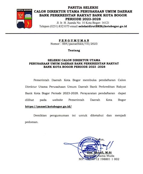 Pengumuman Seleksi Calon Direktur Utama Perumda Bpr Bank Kota Bogor