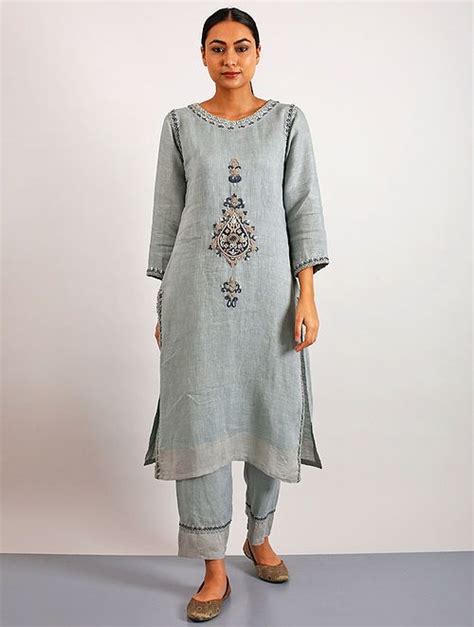 Buy Anong Grey Applique Linen Kurta With Hand Embroidery Online At