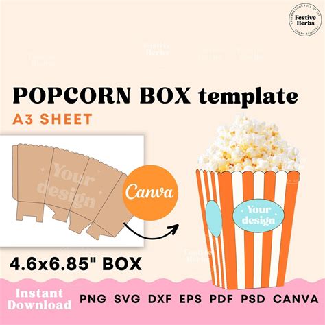 Popcorn Box Template, Popcorn Box SVG, Popcorn Box for Wedding Birthday Kids Party Custom Canva ...