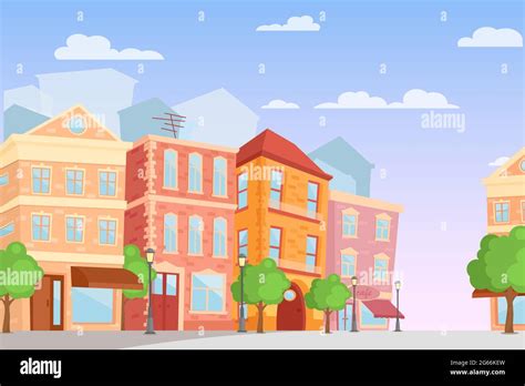 Vector illustration of cartoon city in bright colors, day time, cute ...