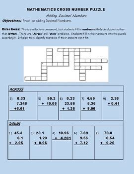 CROSS NUMBER PUZZLE Adding Decimal Numbers By Refreshing MATHS