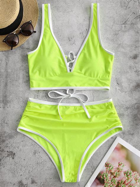 [64 Off] 2020 Zaful Lace Up Contrast Piping Tummy Control Tankini