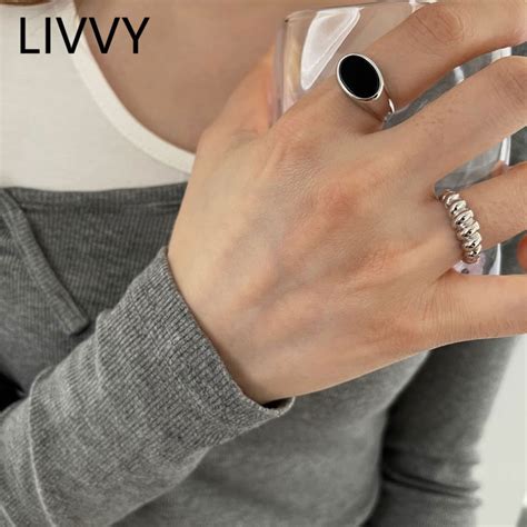 LIVVY Silver Color Striped Black Oval Zircon Glossy Ring Female Fashion