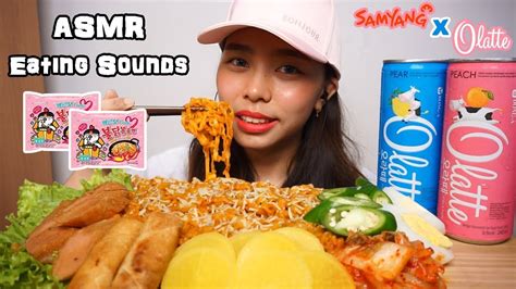 ASMR Samyang Carbo Fire Noodles Olatte Drinks Chewy Crunchy Eating