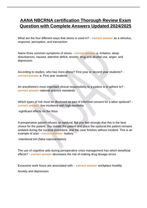 AANA NBCRNA certification Thorough Review Exam Question with Complete